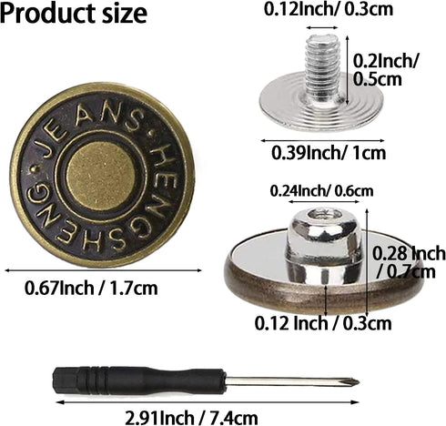 YouOKLight buttons for Jeans,17 mm no-sew nailess removable metal jeans buttons replacement repair combo thread rivets and screwdrivers,12 replace...